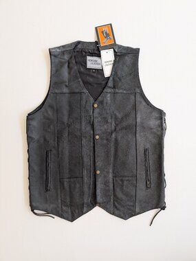 Genuine Black Leather Motorcycle Riding Vest Men's XL Laces Conceal Carry Pocket